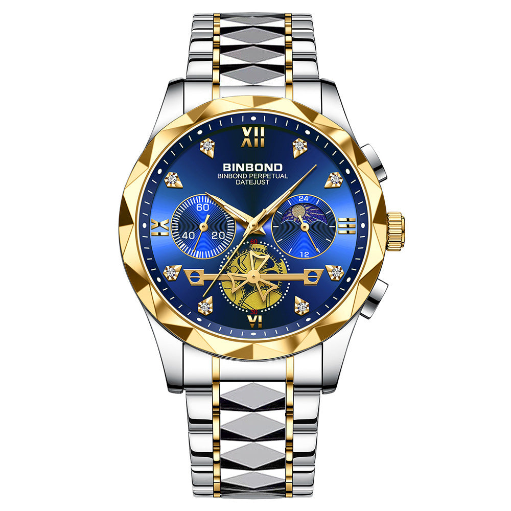 Mens Watch Diamond Big Face Stainless Steel Luxury Business Dress Date Day Wrist Watch Waterproof Luminous Multifunctional Quartz Watch - Acquisti Online