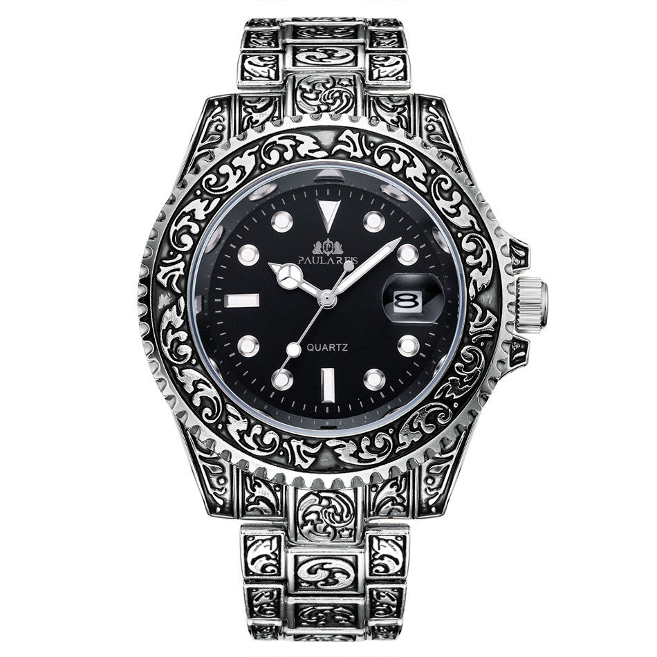 Paulares Men Quartz Movement Watch Carved Water Ghost Calendar Luminous Men's Watch - Acquisti Online