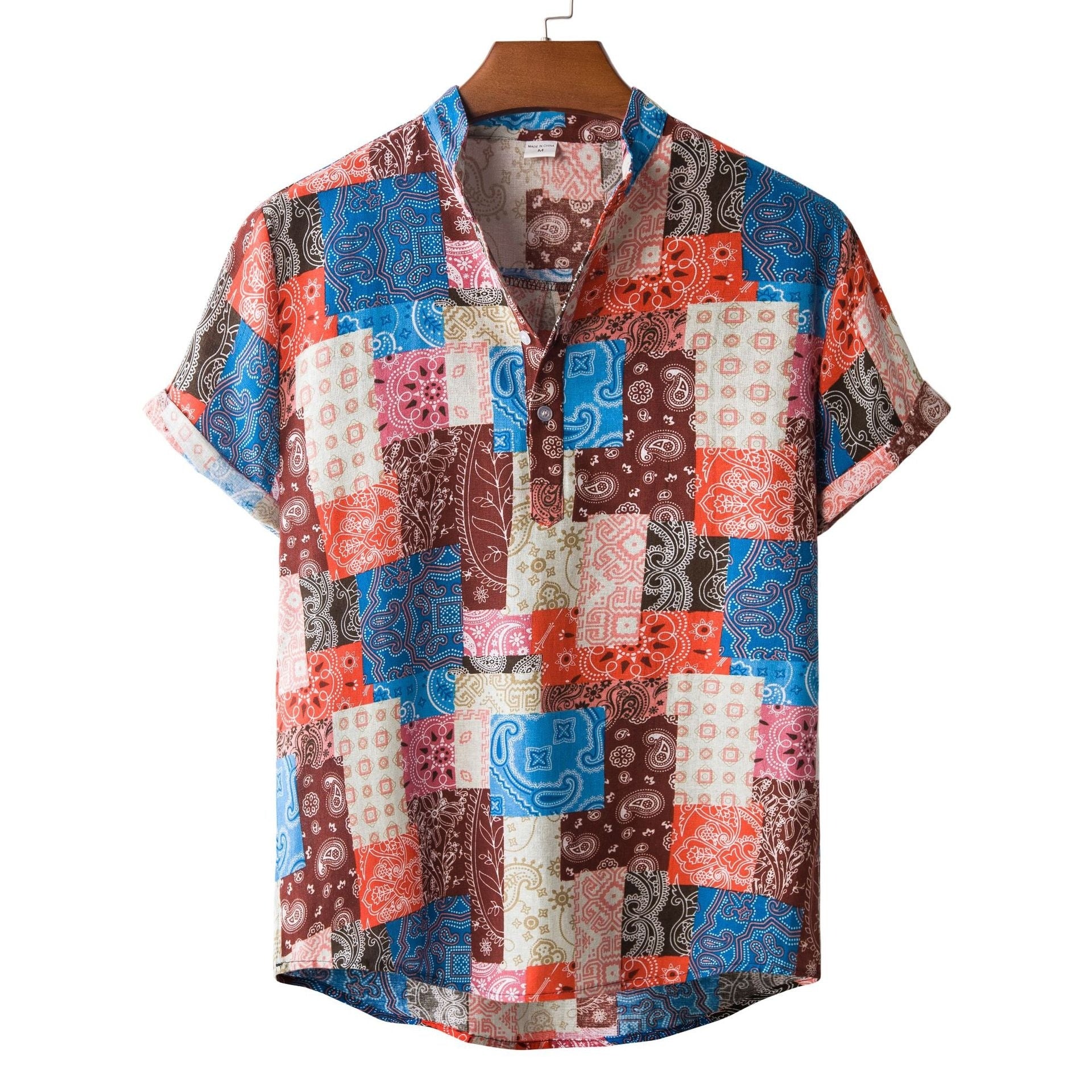Men's Fashionable Casual Shirt Solid Color Vintage Ethnic Print Short Sleeve Lapel Collar Button Men's Casual Shirt