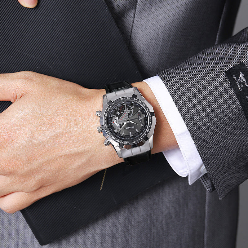 Man Business Casual Fashion Watch Automatic Quartz Movement Leather Band Business Men Watch - Acquisti Online