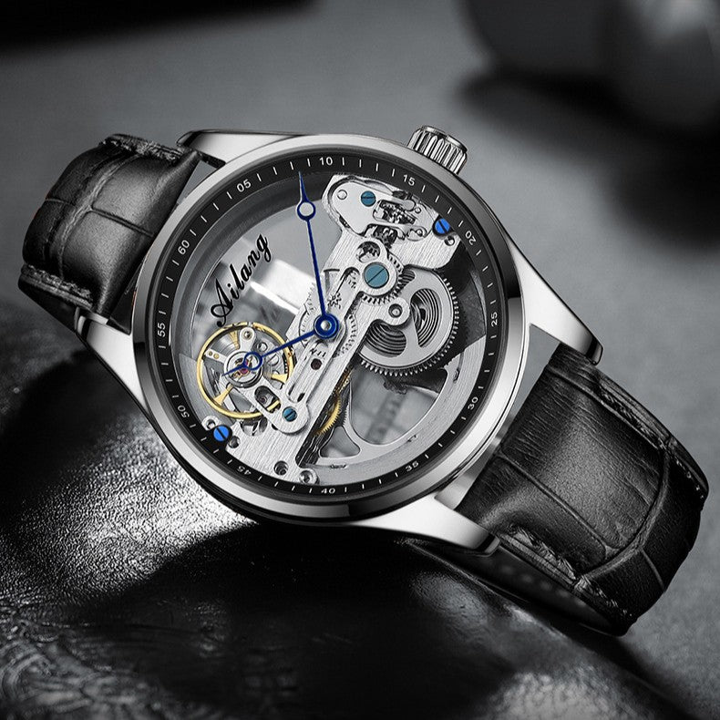 AILANG Man Hollow Transparent Automatic Leather Strap Skeleton Watch - Acquisti Online