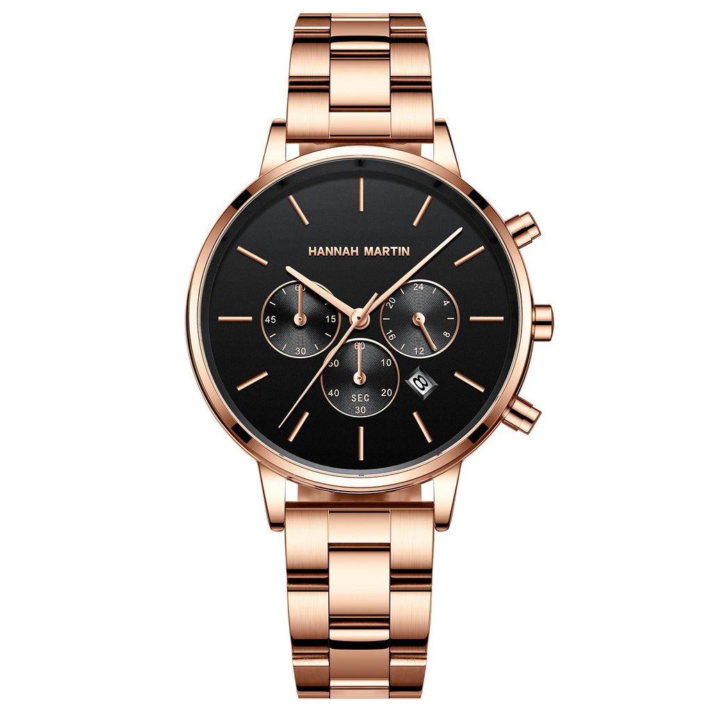 Hannah Martin Women Quartz Watch Three Eye Six Needle Chronograph Calendar Quartz Watch Waterproof Women Quartz Watch