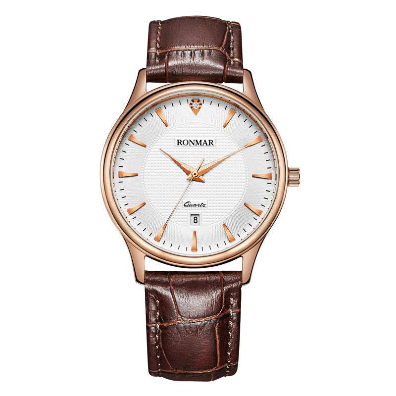 RONNAR Luxe roestvrijstalen quartzhorloge, waterdicht, automatisch quartzhorloge met leren band