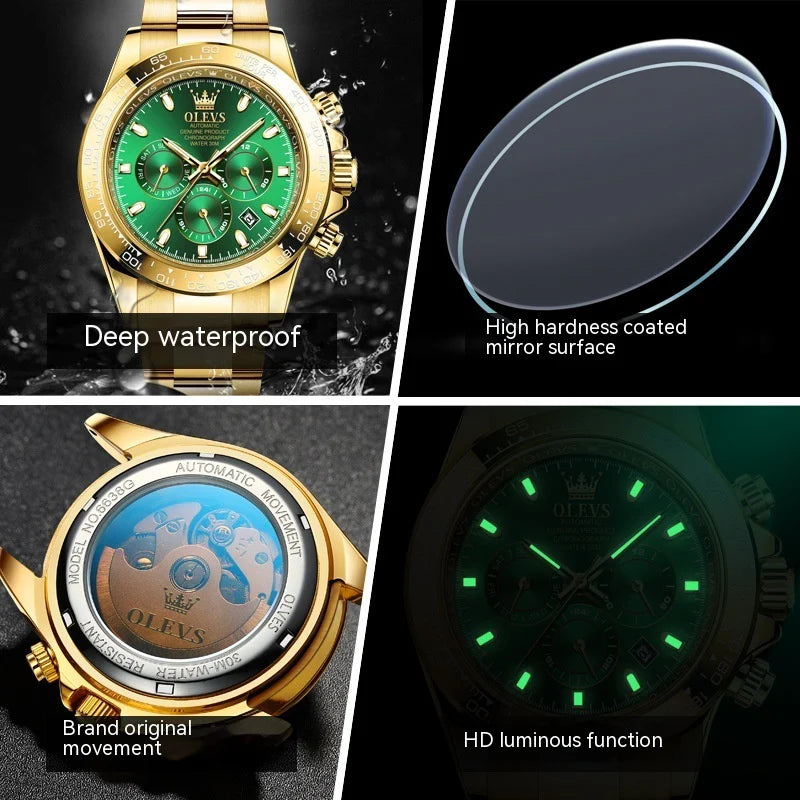 Olevs Orologio da uomo sportivo casual automatico con cinturino in acciaio color oro