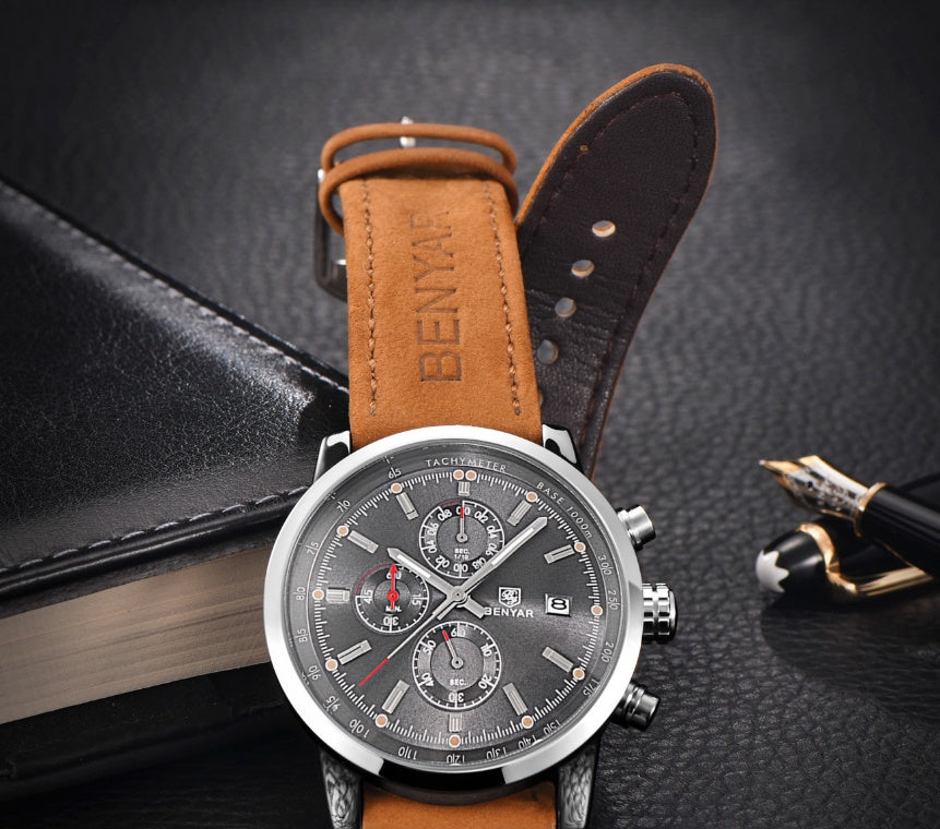 Orginal leather belt Binya Outdoor Sports Three-Eye Belt Men's Watch