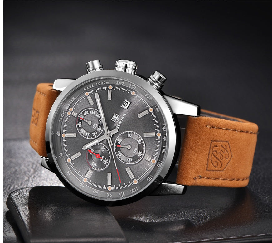 Orginal leather belt Binya Outdoor Sports Three-Eye Belt Men's Watch