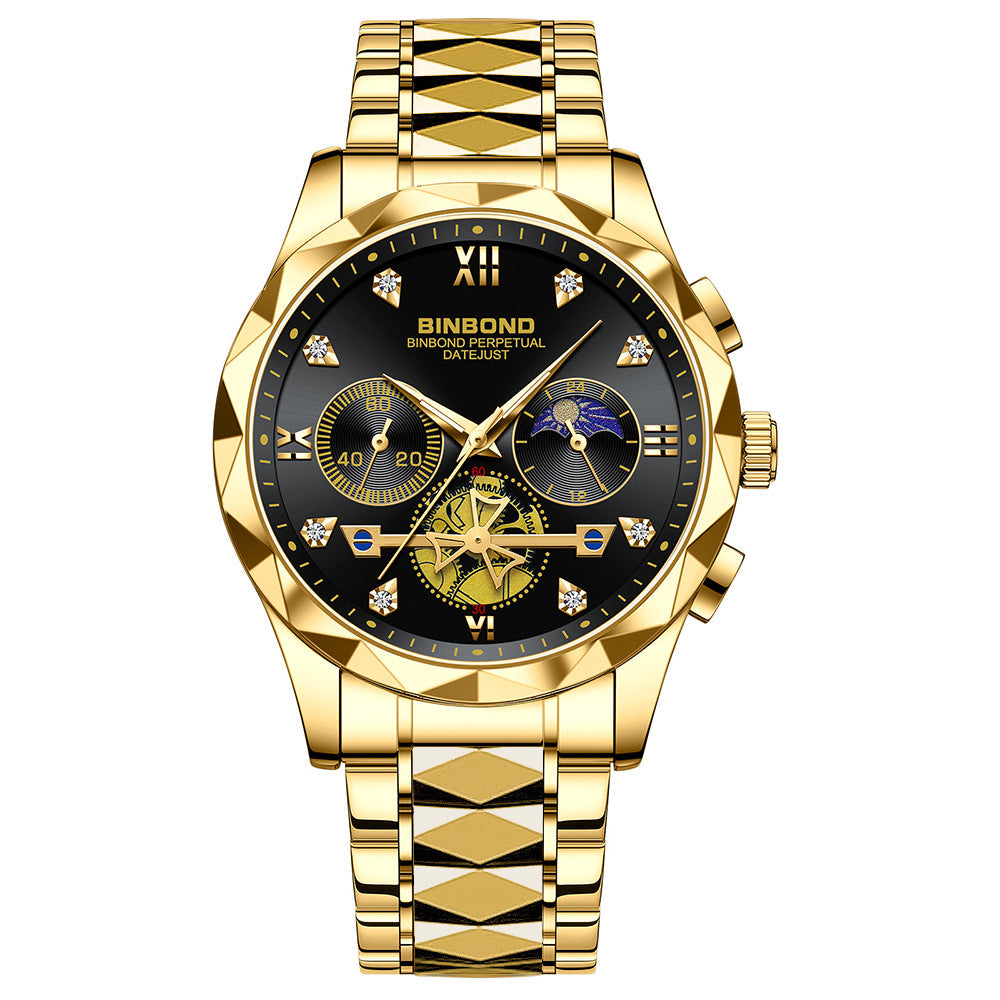 Mens Watch Diamond Big Face Stainless Steel Luxury Business Dress Date Day Wrist Watch Waterproof Luminous Multifunctional Quartz Watch - Acquisti Online