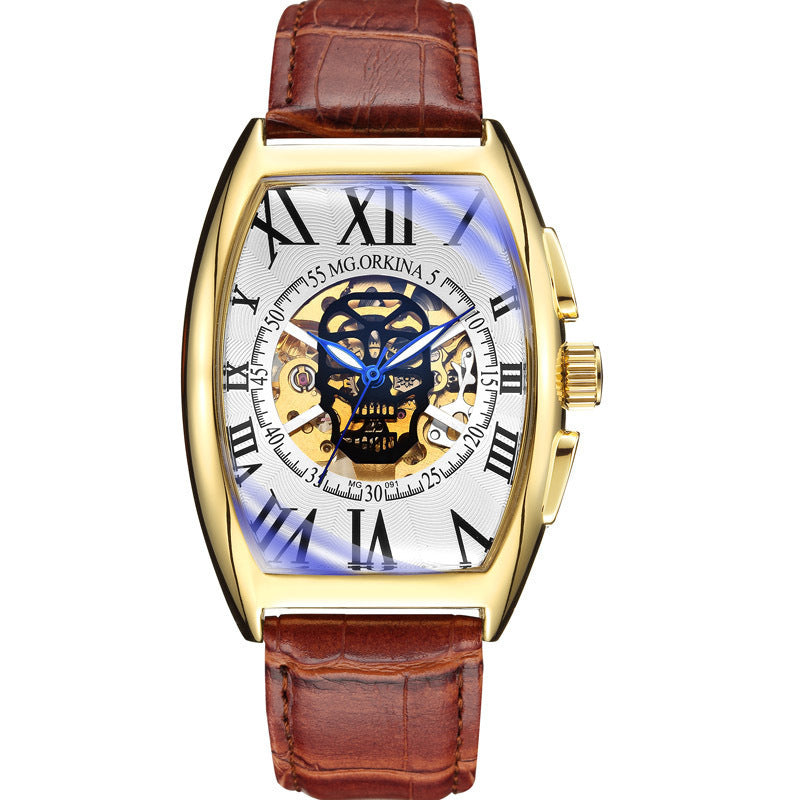 Orologi da uomo di lusso, orologi scheletrati, orologi da polso meccanici automatici da uomo con cinturino in pelle