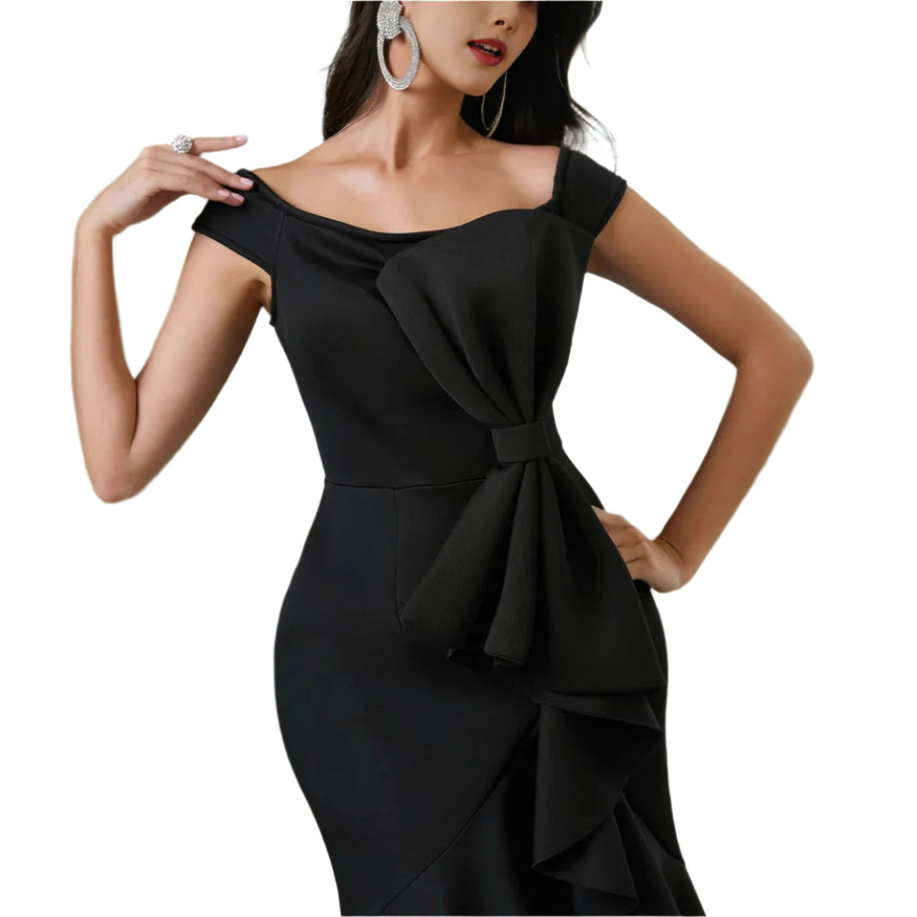 Dames off-the-shoulder V-hals geplooide geplooide taille splitjurk