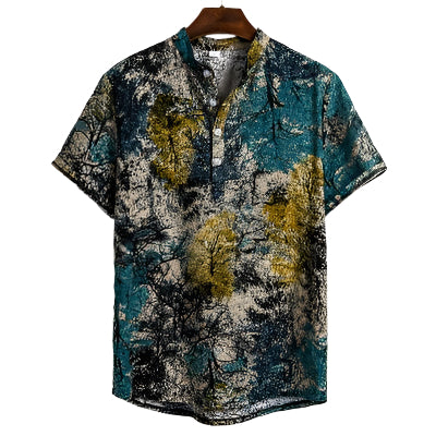 Men's Fashioable Casual Shirt Solid Color  Stand Collar Loose Slim Fit Floral Shirt Short Sleeve Printed Men's Casual Shirt