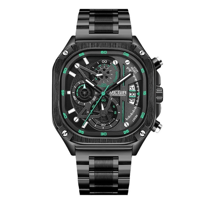 MEGIR Men's Quartz Watch Waterproof Square Dial Chronograph Stainless Steel Band Luminous  Quartz Warch