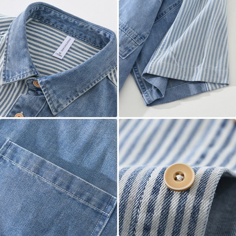 Modeontwerpgevoel Kleurcontrast Patchwork Gestreept Denim Overhemd met Korte Mouwen