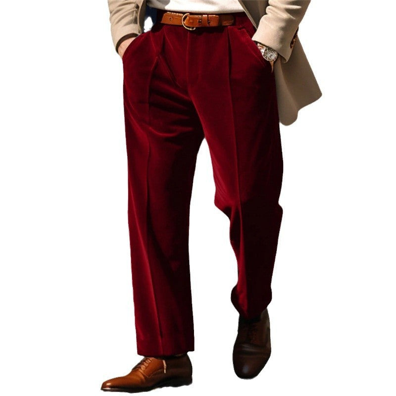 Heren modieuze zakelijke casual formele broek effen kleur middelhoge taille fluwelen voorzak rechte heren casual broek