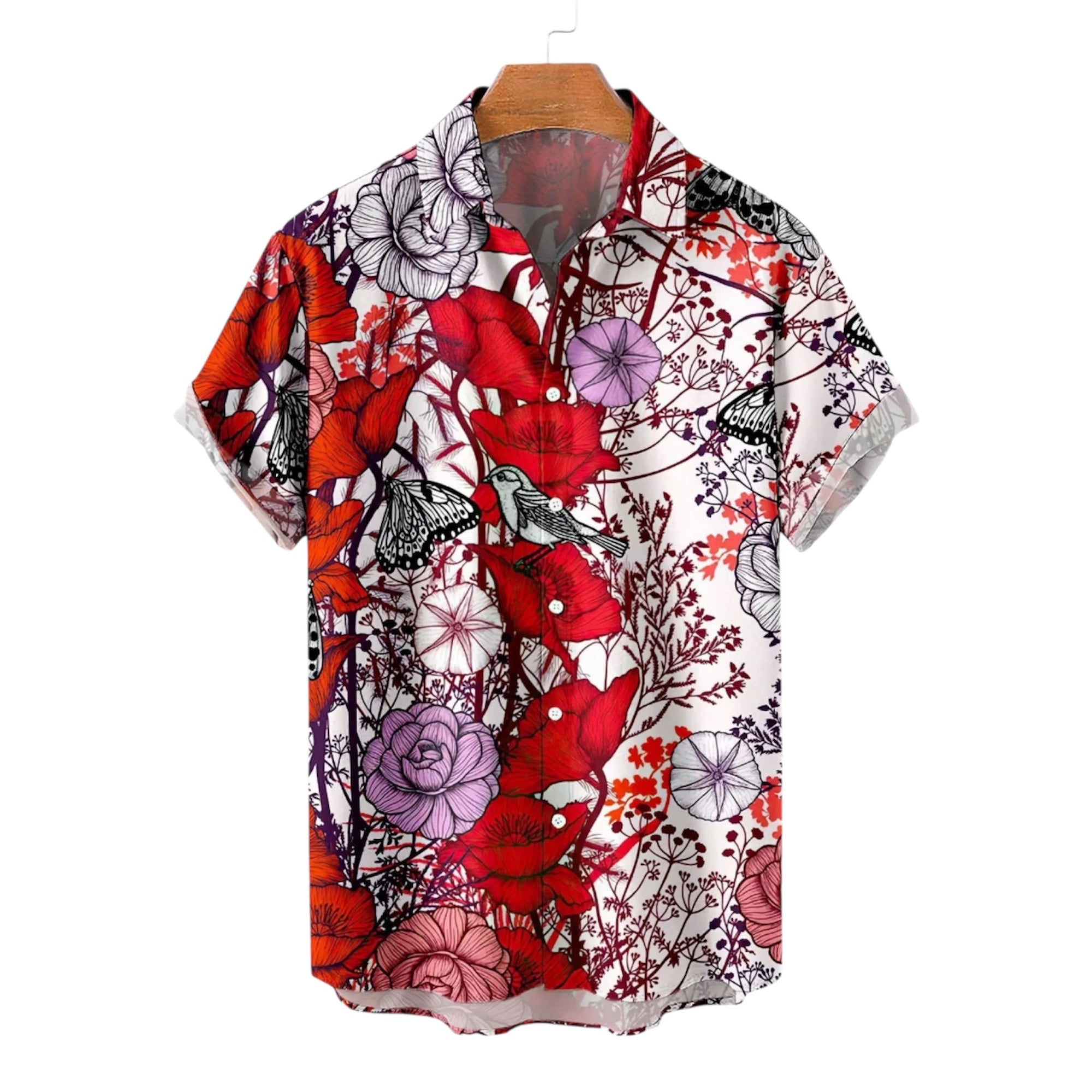 Men's Fashionable Casual Shirt Solid Color Polyester Fiber Flower Pattern Seaside Men's Clothing Printed Casual Shirt