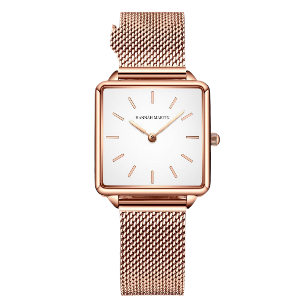 Hannah Martin Dameshorloge Japans Uurwerk Armband Eenvoudig Mode Dameshorloge Roségoud Stalen Mesh Vierkante Wijzerplaat Dameshorloge