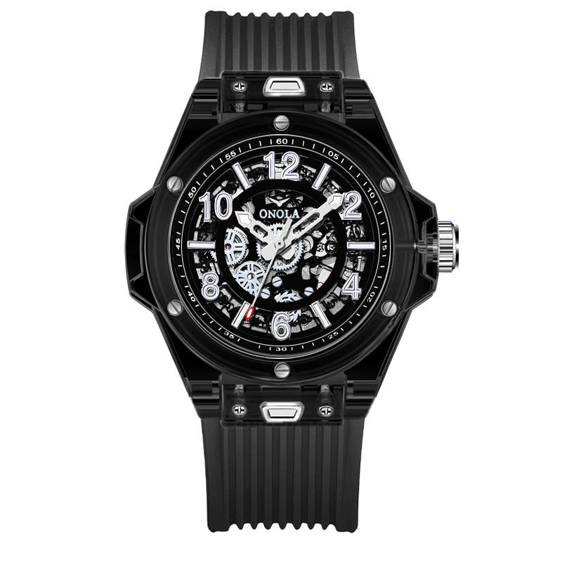 Orologio meccanico automatico da uomo che unisce l'ingegneria di precisione a un design elegante e trasparente. Orologio con cinturino in gomma.
