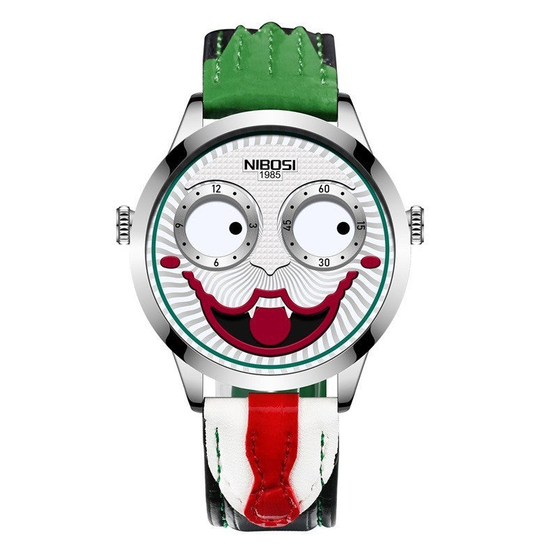 Men's Quartz Watch Clown Dial Fashion Creative Design Waterproof Watch Leather Strap Men's Watch
