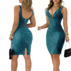 Dames pailletten cocktailjurk met diepe V-hals en glitterparty midi-jurk