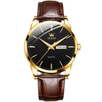 OLEVS Fashionable Men's Quartz Watch Dual Calendar Original Leather Band Waterproof Men Quartz Movement Watch
