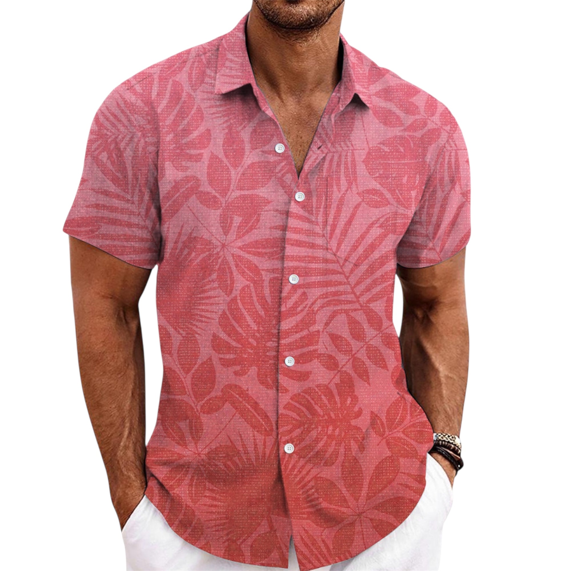 Men's Fashionable Casual Shirt Solid Color Short Sleeve Cardigan Shirt Bamboo Linen Polyester Men's Casual Shirt