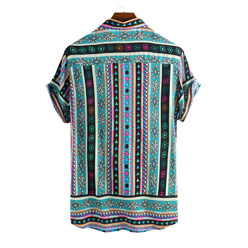 Men's Fashionable Casual Shirt Solid Color Printed Vertical Collar Stripe Pattern Short Sleeve Cardigan Men's Casual Shirt - Acquisti Online