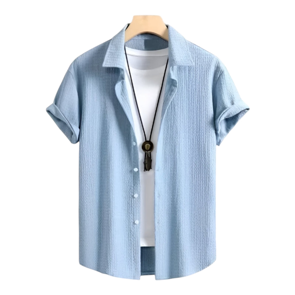 Men's Fashionable Casual Shirt Solid Color Polyester Fiber Leisure Wrinkle Fashion Men's Short Sleeve Shirt