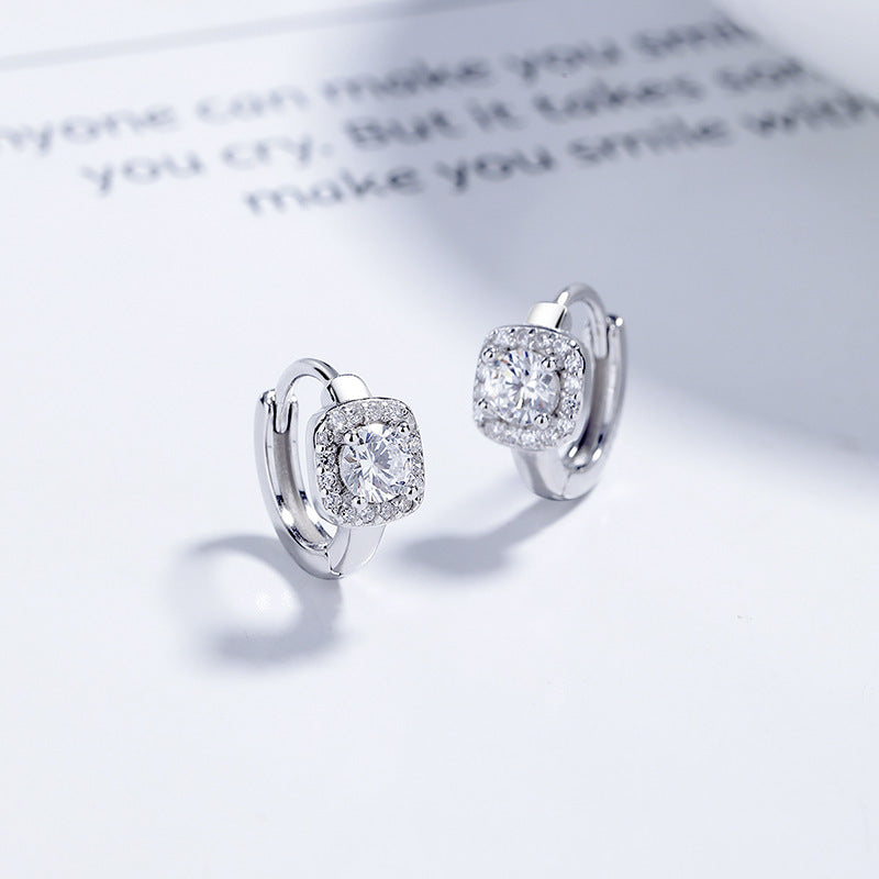 925 Sterling Silver Square Round Full Diamond Earrings Women's