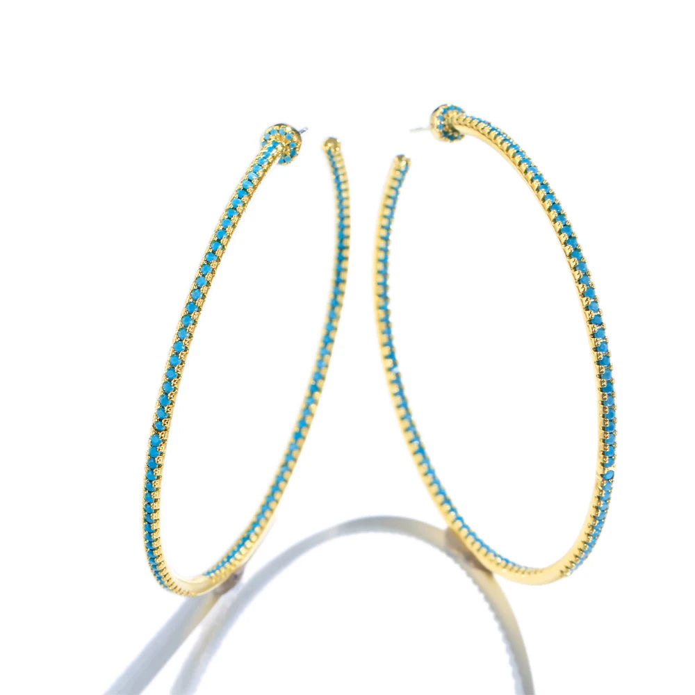 Circle C-shaped slightly inlaid with turquoise large earrings S925 silver needle turquoise large earrings