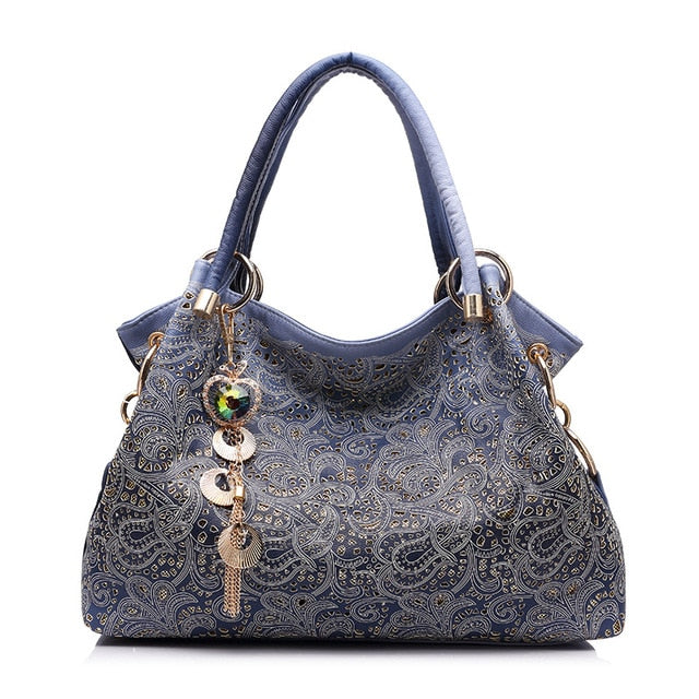 Women Handbag Hollow 0ut Ombre Handbag Floral Print Shoulder Bag Large Capacity Fashion Pu Leather Women Handbag - Acquisti Online