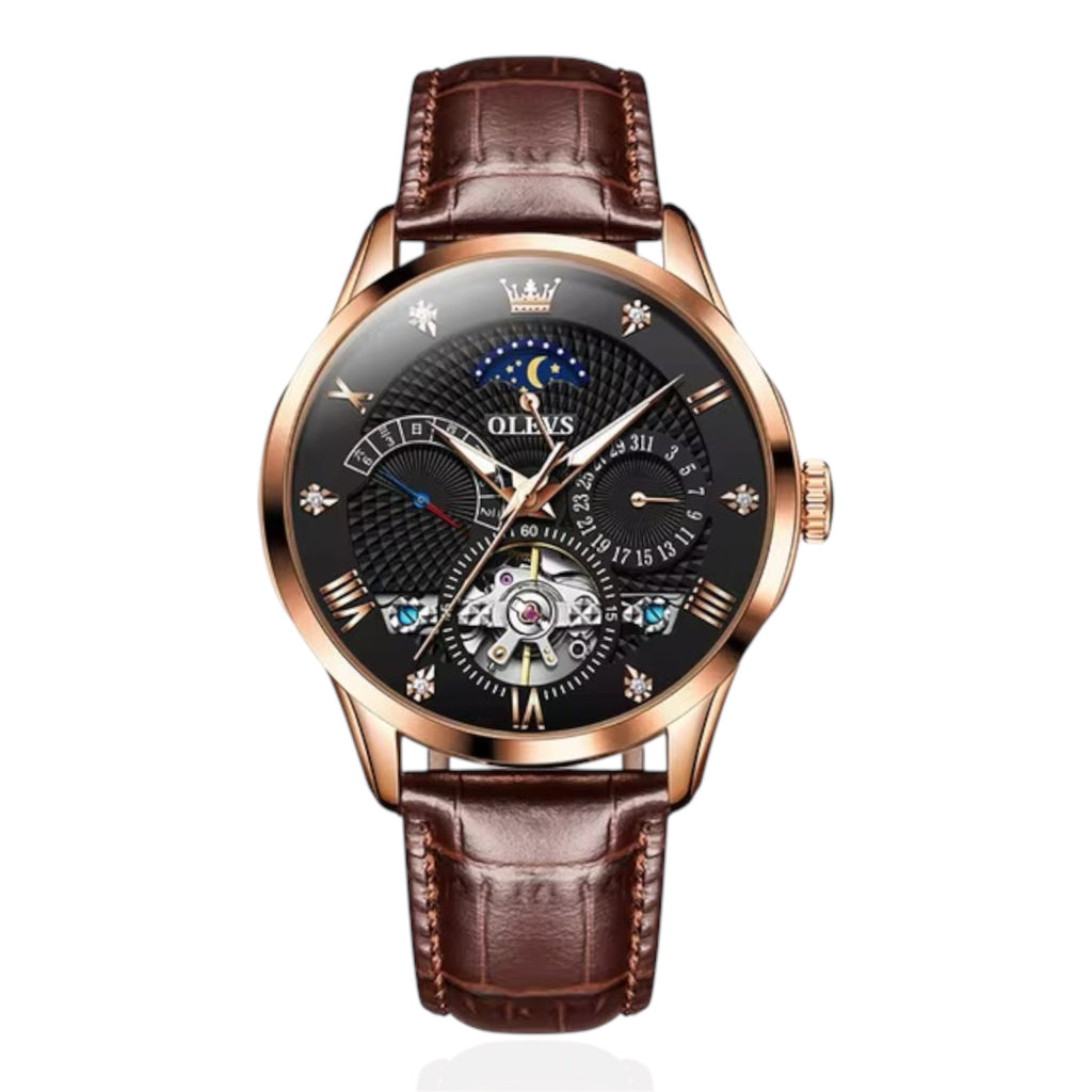 OLEVS Men's Watch Luxury Mechanical Wristwatch Men Leather Strap Waterproof Luminous Double Calendar Hollow Flywheel Automatic Mechanical Watch