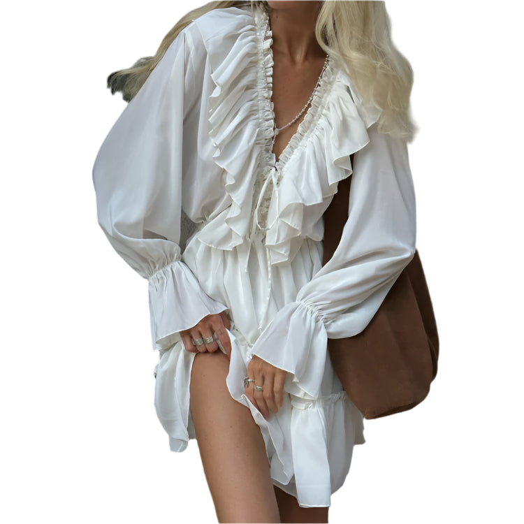 Fashion V Neck Pleated Ruffle Long Sleeve Dress Y2K V Neck Flared Sleeve Short Dress Women's Clothing