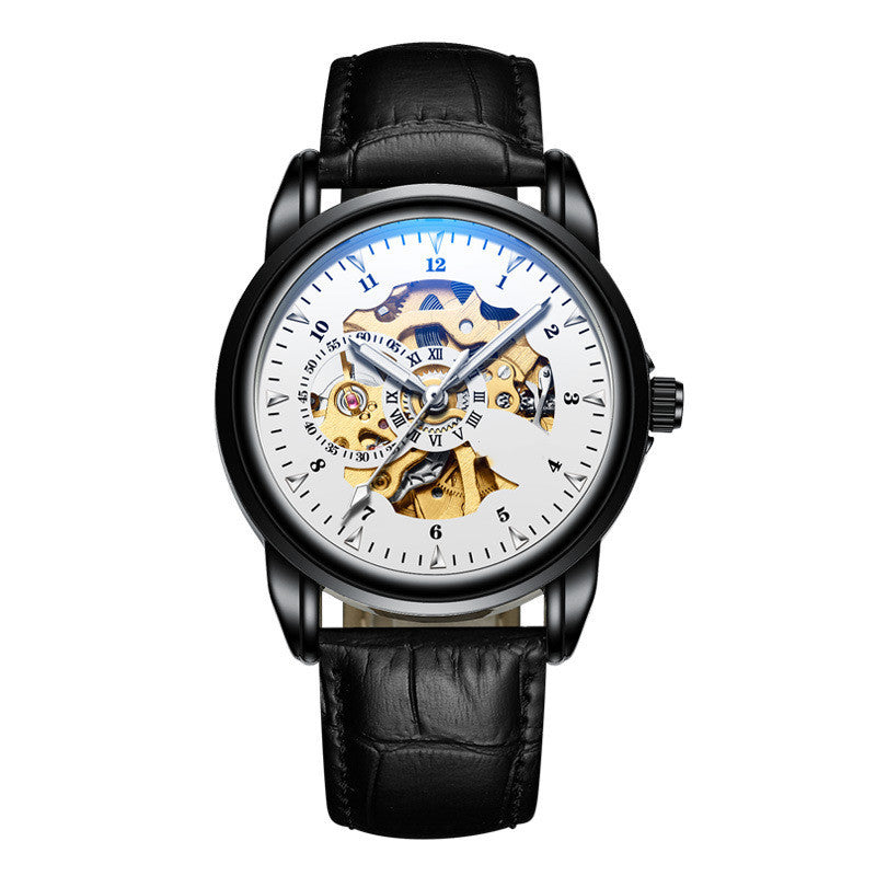 Orologio meccanico luminoso impermeabile in pelle semplice da uomo alla moda