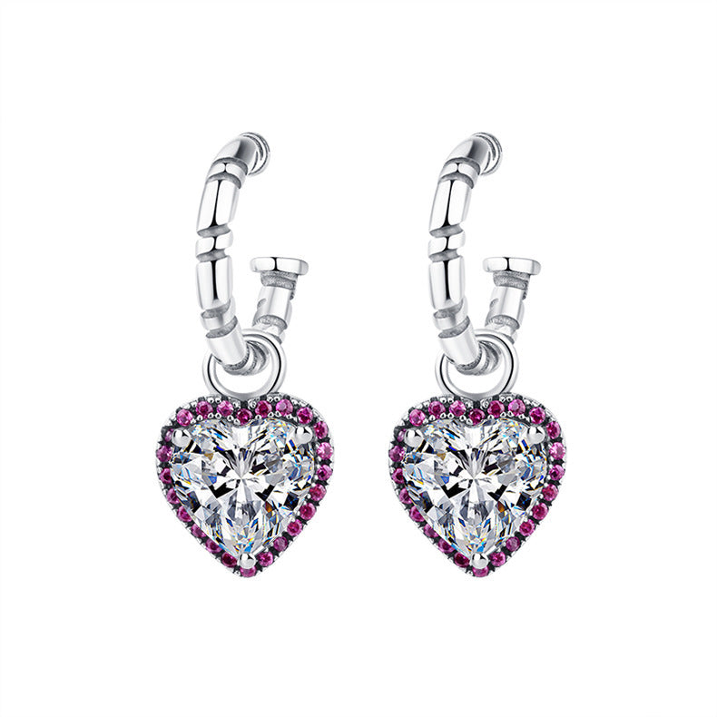Sterling Silver Peach Heart Set Zircon Personalized Versatile Earrings