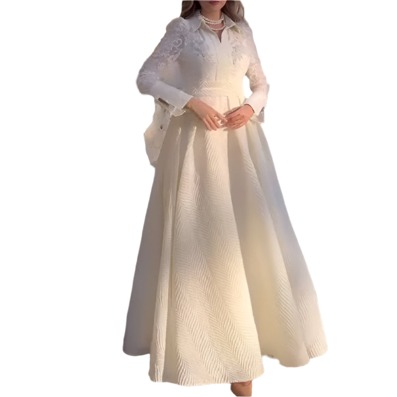 Witte voorkant borst bloem kralen kant garen Franse stijl retro lange mouw mode slanke damesjurk
