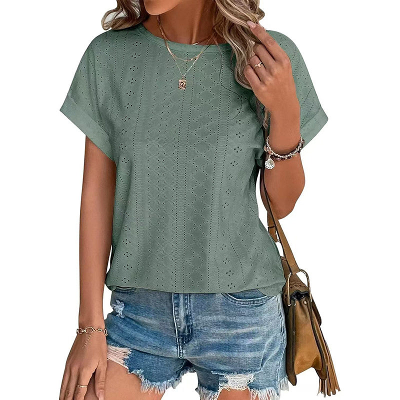 Damestops met borduurwerk, casual ronde hals en korte mouwen, trendy T-shirts