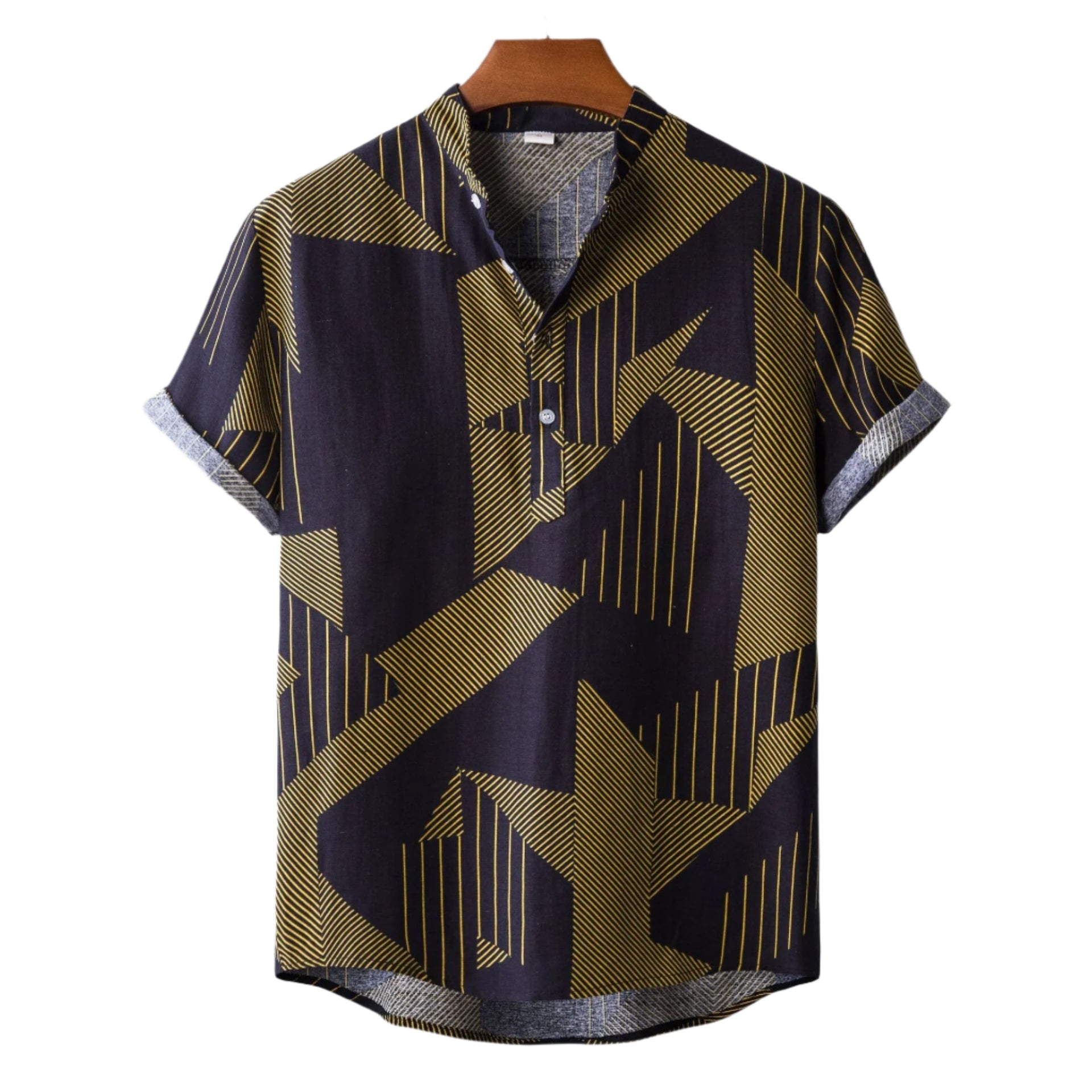 Men's Fashionable Casual Shirt Solid Color Vintage Ethnic Print Short Sleeve Lapel Collar Button Men's Casual Shirt