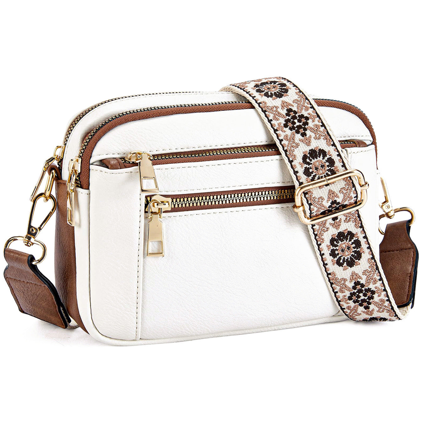 Women's Crossbody Purse Shoulder Bag PU Leather Small Square Triple zipper Floral Embroidered Straps Women Crossbody Bags - Acquisti Online