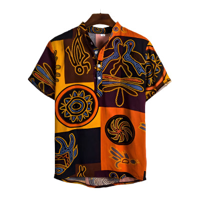 Men's Fashionable Casual Shirt Solid Color Vintage Print Casual Shirt Loose Fit Short Sleeve Men's Casual Shirt