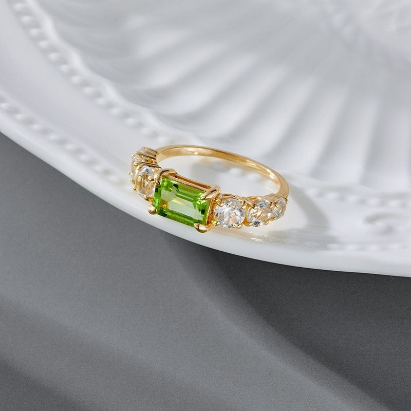 S925 Zilver Plating K Goud Ingelegde Rechthoekige Groene Olijf Ring