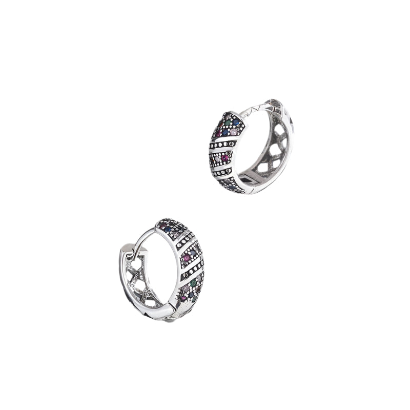 Delicate Retro Thai Silver Chaoren Ring Earrings With Micro Inlaid Colorful Zircon Earrings