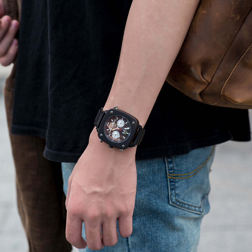 Orologio da uomo in legno meccanico automatico con tecnologia nera e personalità, dalla forma speciale