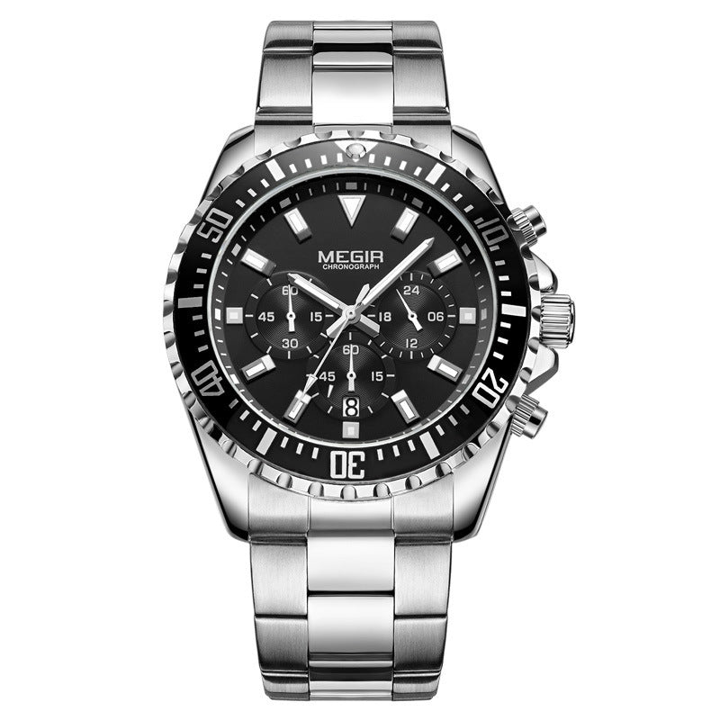 MEGIR 2064 Quartz Watch Luxury Fashion Business Chronograph Analog Display Silver Stainless Steel Band Men's Wrist Watches
