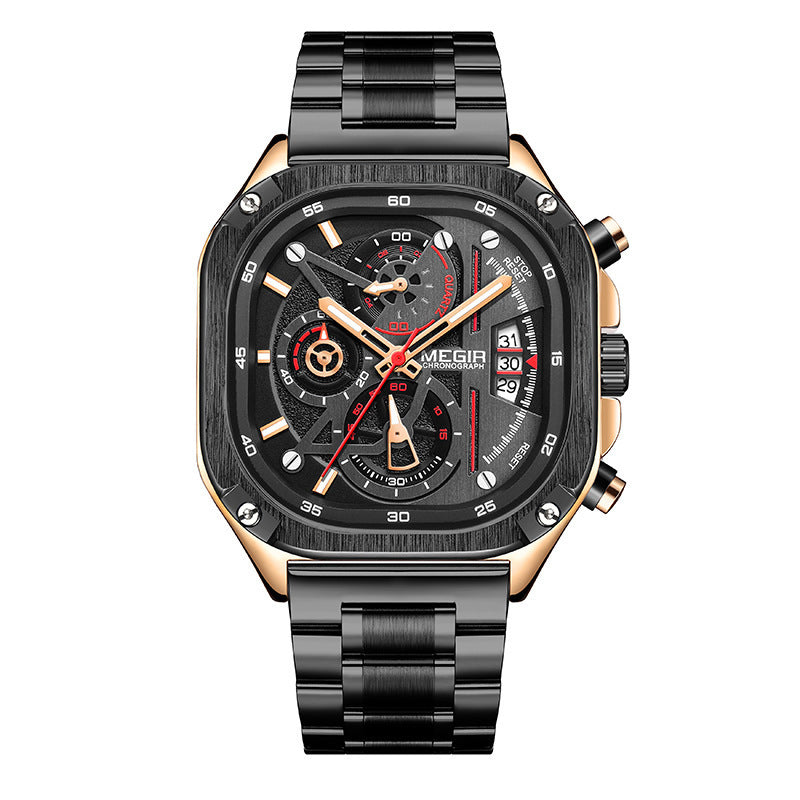 MEGIR Men's Quartz Watch Waterproof Square Dial Chronograph Stainless Steel Band Luminous  Quartz Warch