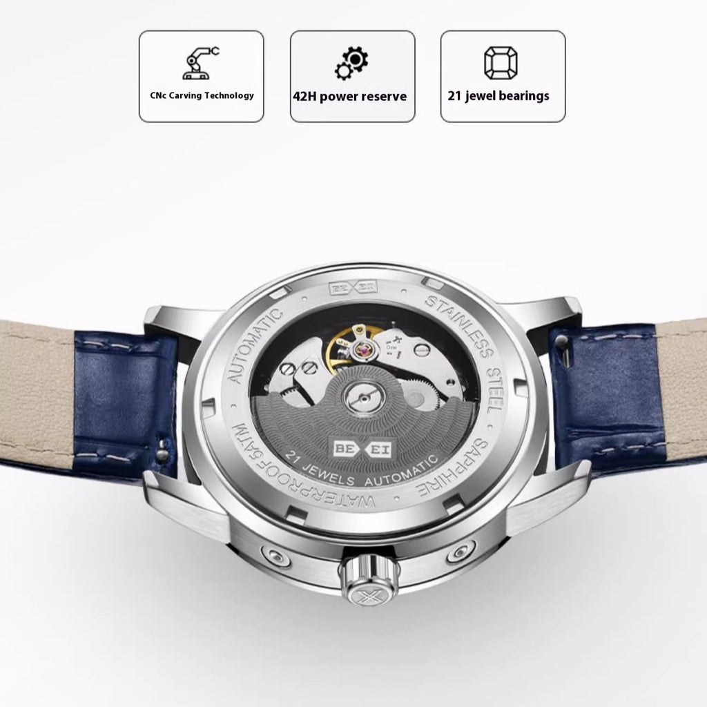 Man Automatic Leather Band Crystal Bezel Zircon Dial Luxury Waterproof Watch - Acquisti Online