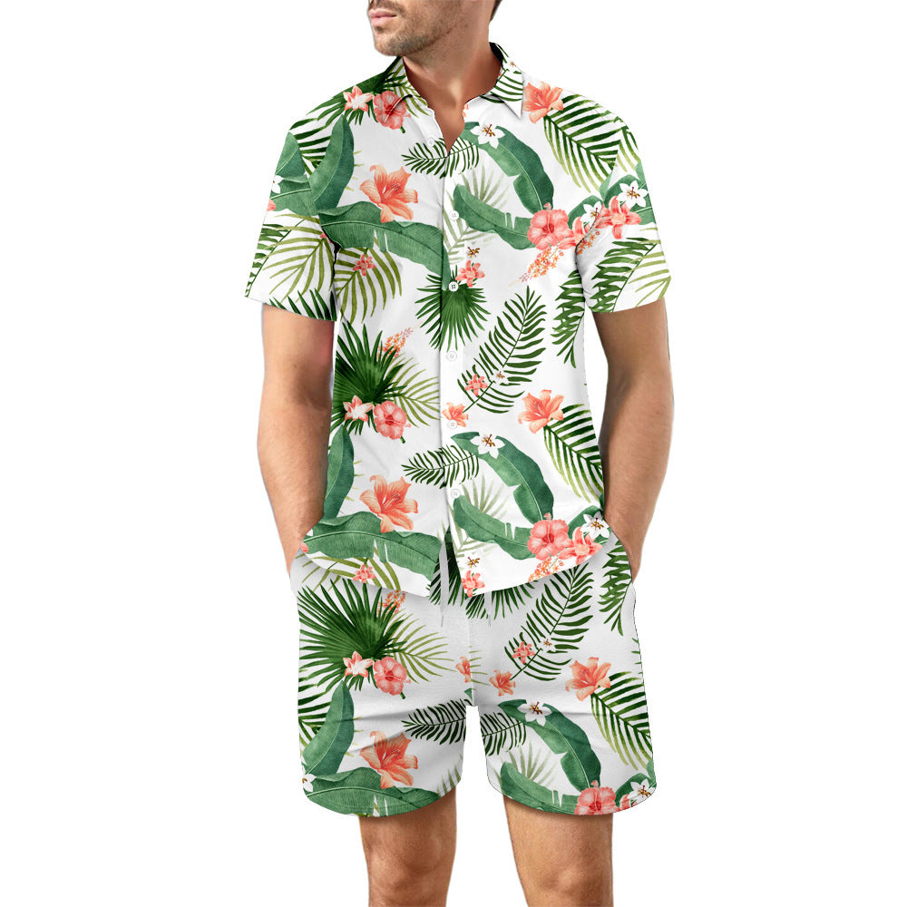 Men's Fashionable Casual Shirt 2Pcs Printed Suit Sets Loose Lapel Button Top Pure Cotton Men's Short Sleeve Shirt - Acquisti Online