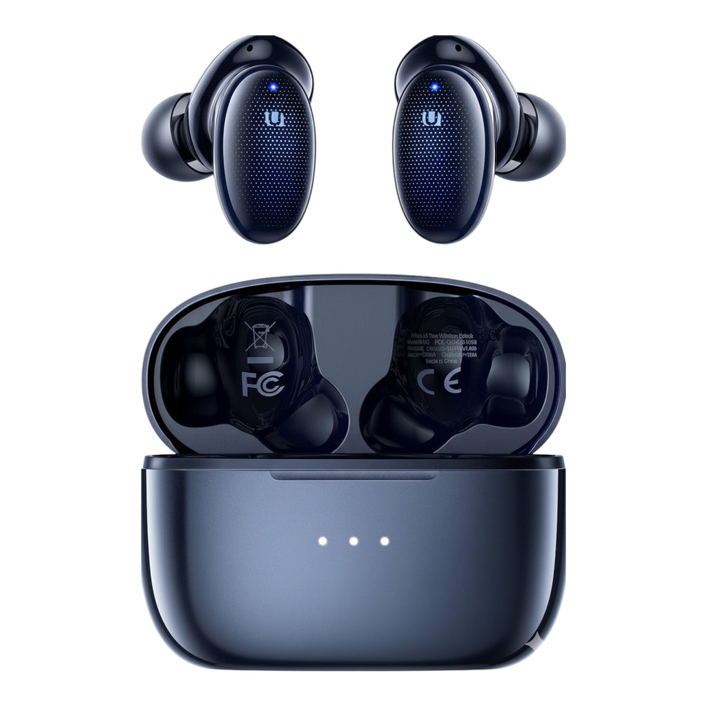 Black wireless earbuds with charging case on a white background