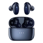 Black wireless earbuds with charging case on a white background