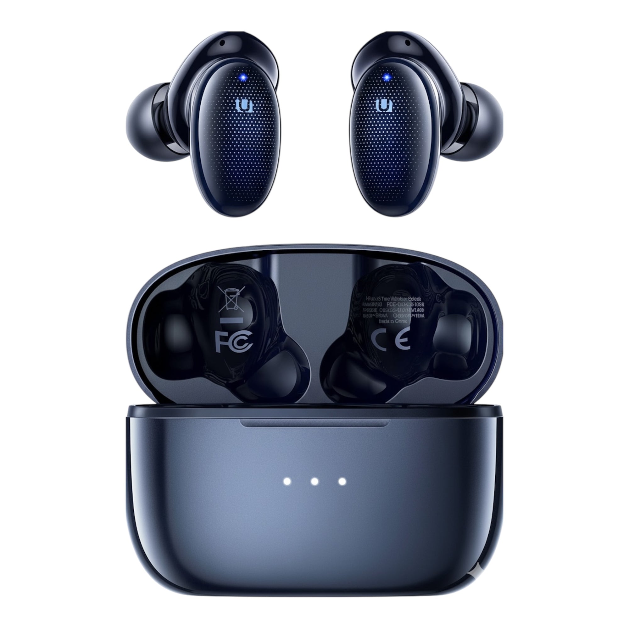 Black wireless earbuds with charging case on a white background