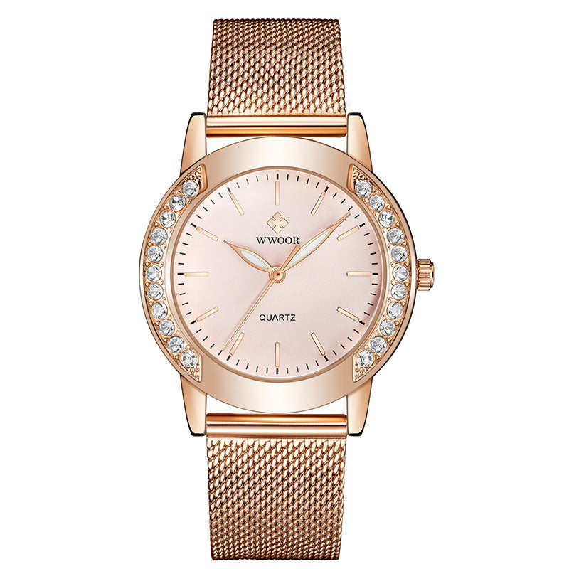 WWOOR Luxe dameshorloges met diamanten top, nieuw modehorloge voor dames, quartzhorloge met mesh band en armband voor dames