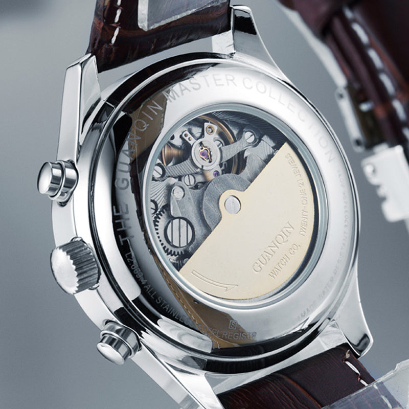 Orologio automatico Guanqin da uomo, a carica automatica, in acciaio inossidabile, in pelle, impermeabile, meccanico, con zaffiro.